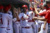 St. Louis Cardinals' Paul Goldschmidt is congratulated by teammates after hitting a two-run home run during the third inning in the first game of a baseball doubleheader against the Pittsburgh Pirates, Tuesday, June 14, 2022, in St. Louis. (AP Photo/Scott Kane)