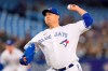 Toronto Blue Jays starting pitcher Hyun Jin Ryu (99) works against the Oakland Athletics during first inning MLB baseball action in Toronto, Saturday, April 16, 2022. Ryu is expected to miss the rest of the season due to an elbow injury. THE CANADIAN PRESS/Frank Gunn