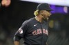 Cleveland Guardians relief pitcher Emmanuel Clase reacts after getting Colorado Rockies' C.J. Cron to hit into a double play in the 10th inning to end a baseball game Tuesday, June 14, 2022, in Denver. (AP Photo/David Zalubowski)