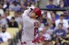 Los Angeles Angels' Shohei Ohtani pops out during the first inning of a baseball game against the Los Angeles Dodgers Tuesday, June 14, 2022, in Los Angeles. (AP Photo/Mark J. Terrill)