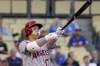 Los Angeles Angels' Shohei Ohtani follows through after hitting a foul ball during the first inning of a baseball game against the Los Angeles Dodgers Wednesday, June 15, 2022, in Los Angeles. (AP Photo/Mark J. Terrill)