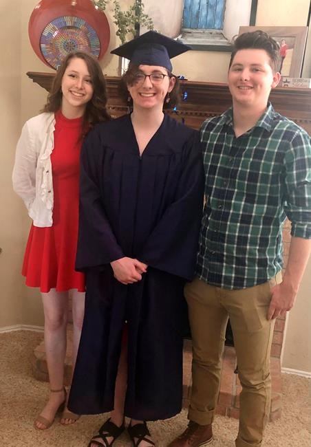 This May 2022 photo shows Chloe Leyendecker, left, with siblings Lexy, center, and Hunter in suburban Dallas. (Kristia Leyendecker via AP).