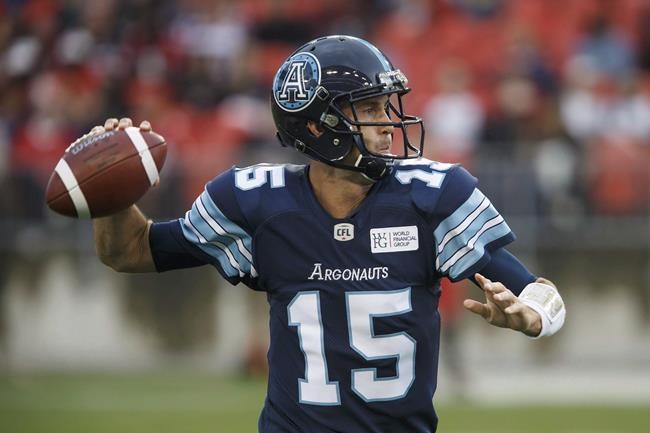 Toronto Argonauts quarterback Ricky Ray (15) prepares to make a throw during the first half of CFL football game action against the Calgary Stampeders at BMO Field in Toronto on Saturday June 23, 2018. THE CANADIAN PRESS/Cole Burston