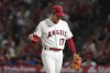 Los Angeles Angels starting pitcher Shohei Ohtani (17) reacts after the top of the sixth inning of a baseball game against the Kansas City Royals in Anaheim, Calif., Wednesday, June 22, 2022. (AP Photo/Ashley Landis)