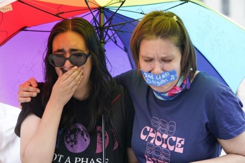 Abortion-rights activists react after hearing the Supreme Court decision on abortion outside the Supreme Court in Washington, Friday, June 24, 2022. The Supreme Court has ended constitutional protections for abortion that had been in place nearly 50 years in a decision by its conservative majority to overturn Roe v. Wade. (AP Photo/Jacquelyn Martin)