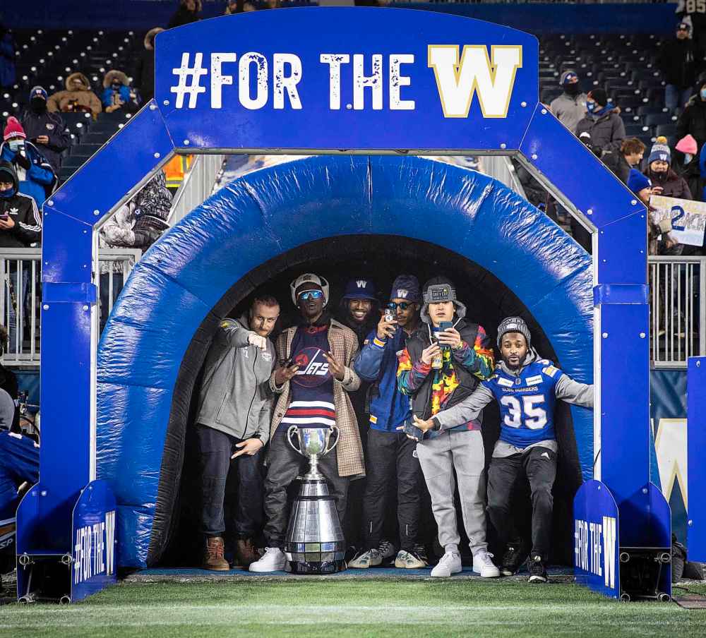 Bombers players (left to right) Nick Hallett, Winston Rose, Brandon Alexander, Sergio Schiaffino-Perez and Demerio Houston. (Jessica Lee / Winnipeg Free Press)