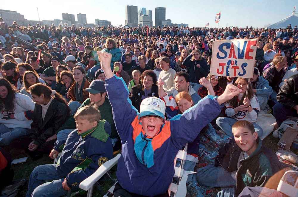 A Save the Jets Rally in 1995 at The Forks attracted thousands of NHL hockey fans.