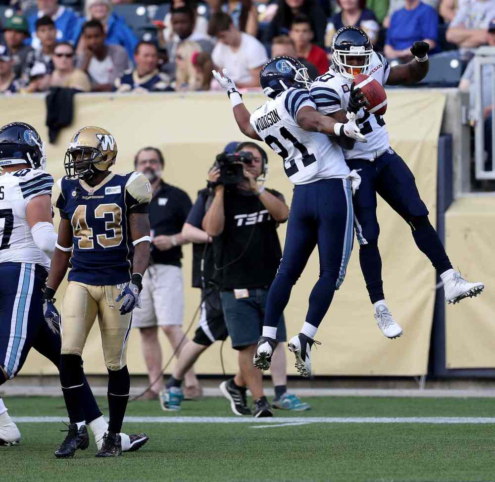 TREVOR HAGAN / THE CANADIAN PRESS
The Argos' Anthony Woodson (21) and Steve Slaton celebrate a first-half touchdown.