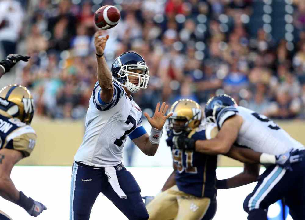 TREVOR HAGAN / THE CANADIAN PRESS
Argos quarterback Trevor Harris fires a pass during the first half.