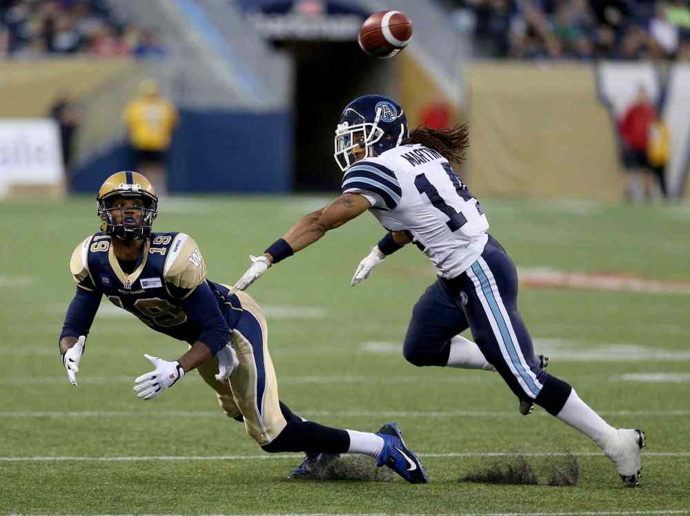 TREVOR HAGAN / THE CANADIAN PRESS
Bombers receiver Aaron Kelly dives for a pass behind Toronto's Andre Martin during the second half.