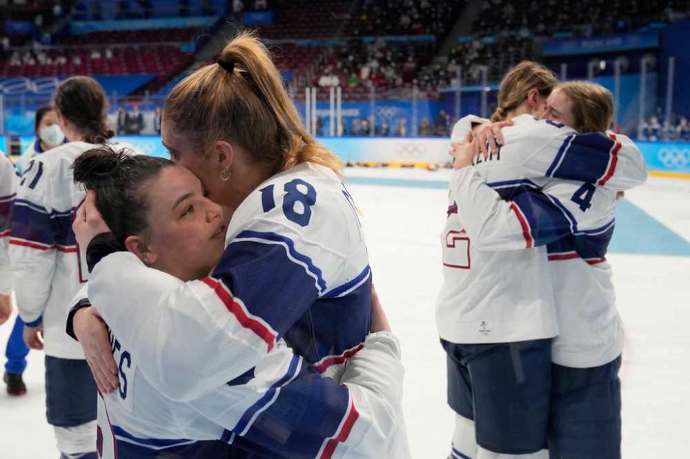 CP
United States react after losing to Canada in the women's gold medal hockey game at the 2022 Winter Olympics, Thursday, Feb. 17, 2022, in Beijing. (Petr David Josek / The Associated Press)