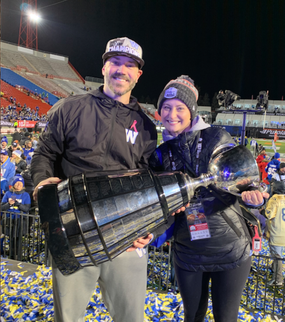 Buck Pierce and wife Lori celebrate Bombers' 2019 Grey Cup victory.