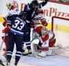 TREVOR HAGAN/WINNIPEG FREE PRESS
Winnipeg Jets' Andrew Ladd (16) celebrates after scoring on Carolina Hurricanes' goaltender Anton Khudobin (31) during first-period NHL hockey action in Winnipeg.