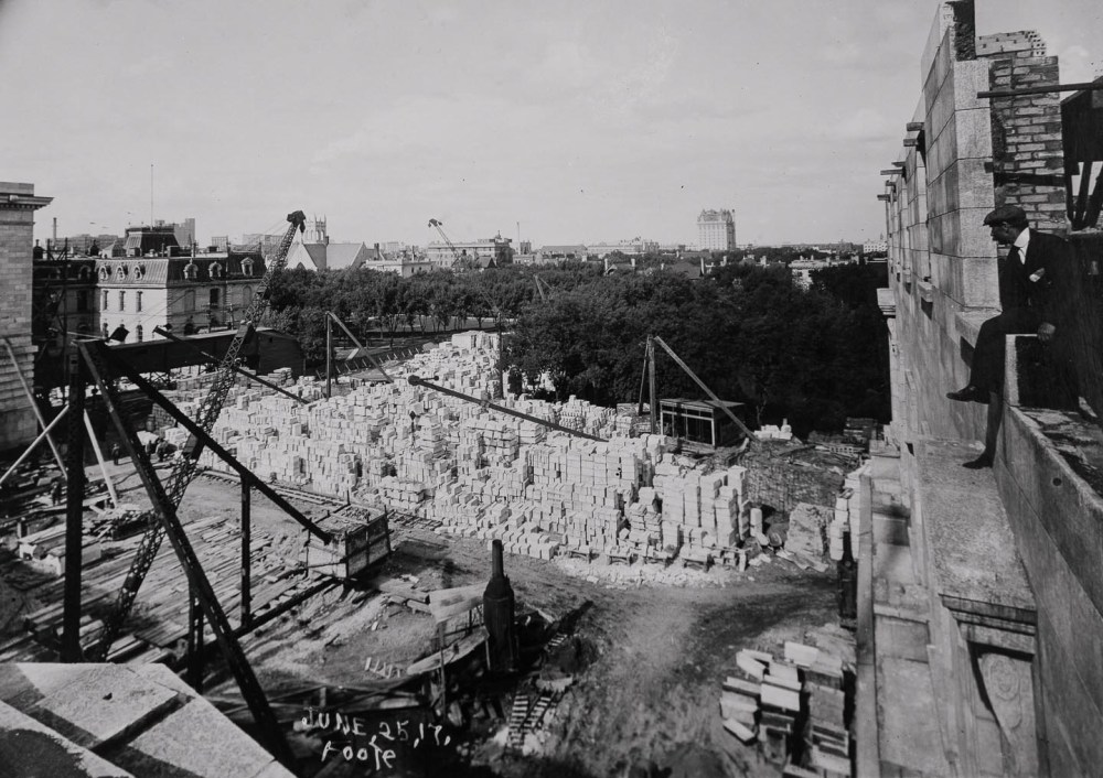 A large pile of Tyndall stone at the construction site in June 1917(Archives of Manitoba).