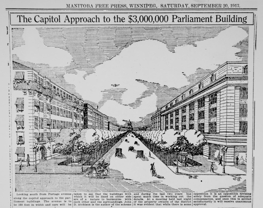 The blueprint for the area also included a Mall of Triumph, where a new, palatial city hall – designed but never built – was to be erected on what is now Memorial Boulevard. The city hall would have been a six storey, grey Kenora granite structure, based on the design of Buckingham Palace, at an estimated cost of $2.4 million (in 1913 dollars). (Archives of Manitoba)
