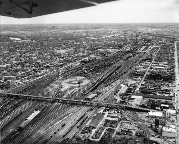 This aerial view of the Canadian Pacific Railway yards in 1964 shows a section of the yards between the Arlington and Salter Street bridges. (Winnipeg Free Press files)