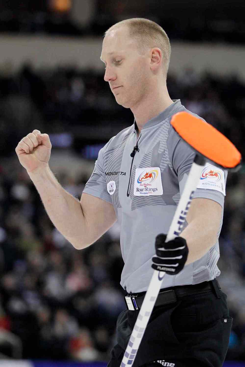 John Woods / The Canadian Press
Skip Brad Jacobs fist-pumps after scoring two in the first end during the men's final against John Morris at the 2013 Roar of the Rings Canadian Olympic Curling Trials Sunday.