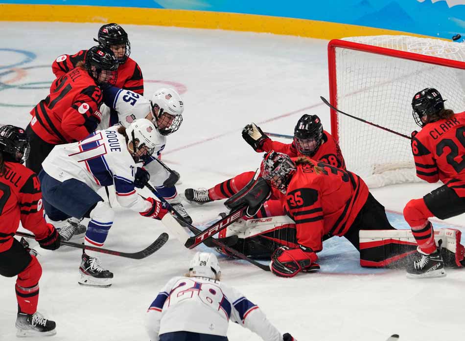 Team Canada goalkeeper Ann-Renee Desbiens (35) makes a save against the United States during third period women's hockey gold medal game action at the 2022 Winter Olympics in Beijing on Thursday, Feb. 17, 2022. (Ryan Remiorz / The Canadian Press)