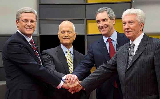 CPPrime Minister Stephen Harper, left to right, New Democratic Party leader Jack Layton, Liberal leader Michael Ignatieff and Bloc Québécois leader Gilles Duceppe, exchange hand shakes as they arrive to the English language federal election debate in Ottawa Ont., on Tuesday, April 12, 2011.  (Adrian Wyld / The Canadian Press files)