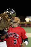 Photo by Kellen Jenkins
Winnipeg Goldeye Yurendell de Caster celebrates their win against the Wichita Wingnuts Friday night.