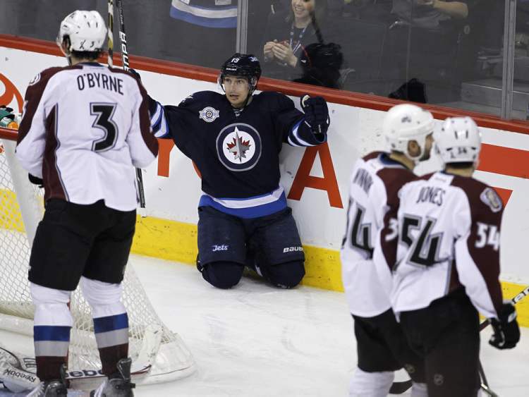 Trevor Hagan / The Canadian Press
Winnipeg Jets' Kyle Wellwood (13) celebrates after scoring against the Colorado Avalanche.