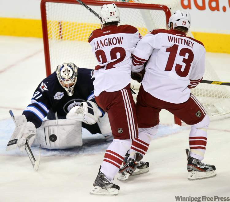 Jets netminder Ondrej Pavelec keeps the Coyotes honest and scoreless in the second period Thursday at the MTS Centre.