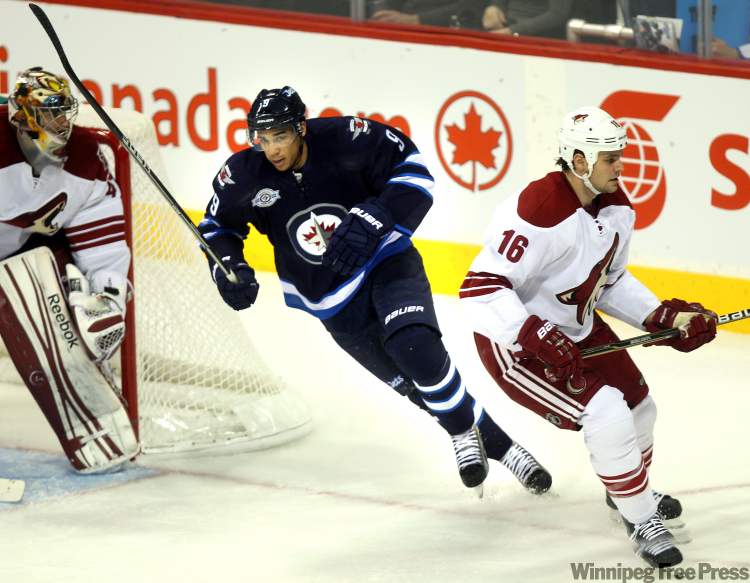 Phil Hossack / Winnipeg Free Press
Winnipeg Jet Evander Kane skates in Coyote territory Thursday at the MTS Centre.