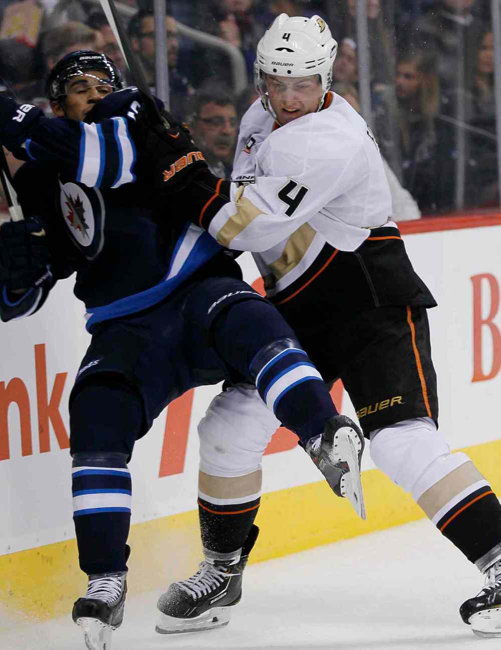 JOHN WOODS / WINNIPEG FREE PRESS
Anaheim Ducks' Cam Fowler takes out Winnipeg Jets' Evander Kane during the second period.