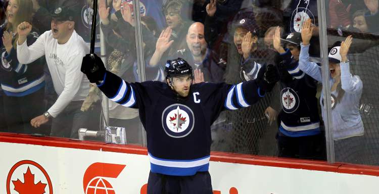 Phil Hossack / Winnipeg Free Press
Winnipeg Jets captain Andrew Ladd celebrates his goal Thursday.