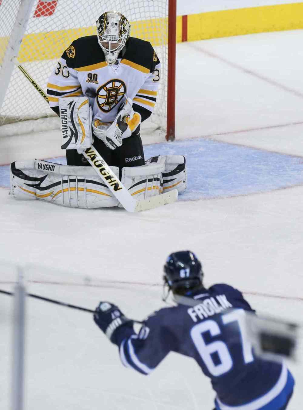Crystal Schick/Winnipeg Free Press
Winnipeg Jets' Michael Frolik fires a second-period shot at Boston Bruins' goaltender Chad Johnson.