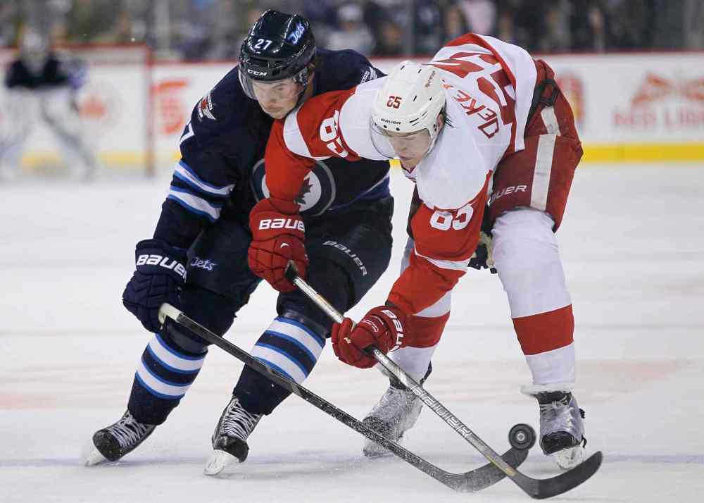 JOHN WOODS / THE CANADIAN PRESS
Winnipeg Jets forward Eric Tangradi fights for the puck with Detroit Red Wings forward Danny DeKeyser in the second period.