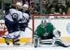 Tony Gutierrez / The Associated Press
Dallas Stars goalie Kari Lehtonen (right) makes a stop as Winnipeg Jets forwards Anthony Peluso (left) and Michael Frolik track the puck during the first period of Saturday night's game in Dallas.