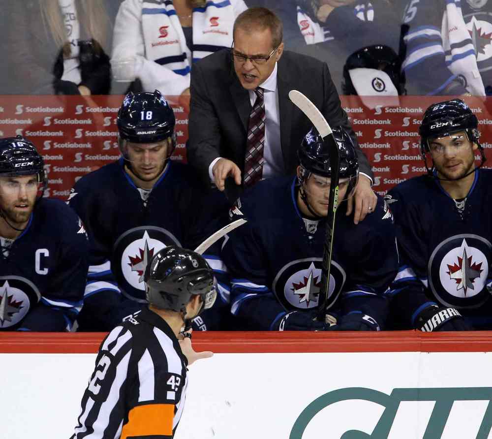 TREVOR HAGAN / THE CANADIAN PRESS
Winnipeg Jets head coach Paul Maurice chirps at a referee after Blake Wheeler, not shown, was given a penalty in the third period.
