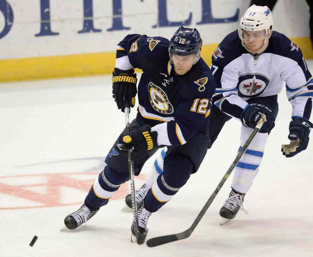 Bill Boyce / The Associated Press
St. Louis Blues' Jon Lehtera (12) skates past Winnipeg Jets' Adam Lowry (17) during the third period. The Jets won 1-0.