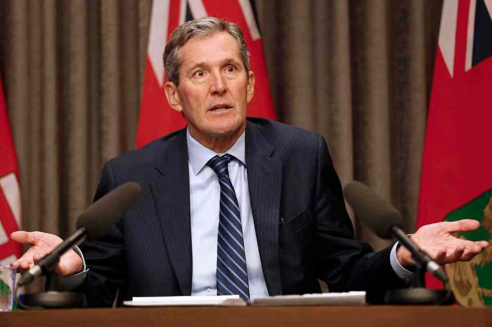 THE CANADIAN PRESS/John Woods
Manitoba Premier Brian Pallister speaks to media at an embargoed press conference before the provincial throne speech at the Manitoba Legislature in Winnipeg, Monday, May 16, 2016.