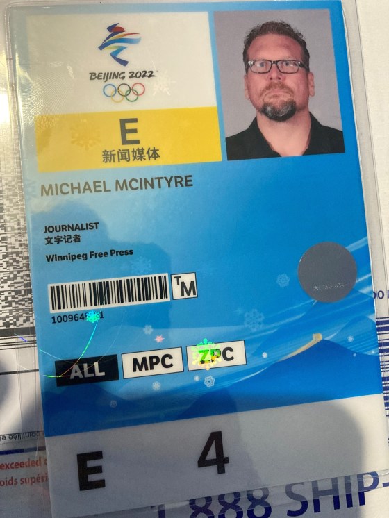 Mike's official media pass for the Olympics. (Mike McIntyre / Winnipeg Free Press)