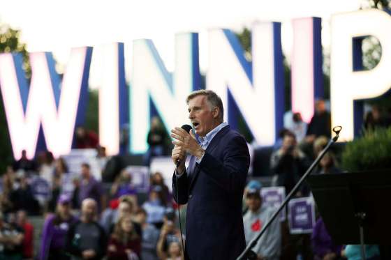 About 400 people gathered to hear Maxime Bernier, leader of the People's Party of Canada, speak at the Forks in Winnipeg Monday. (John Woods / Winnipeg Free Press)