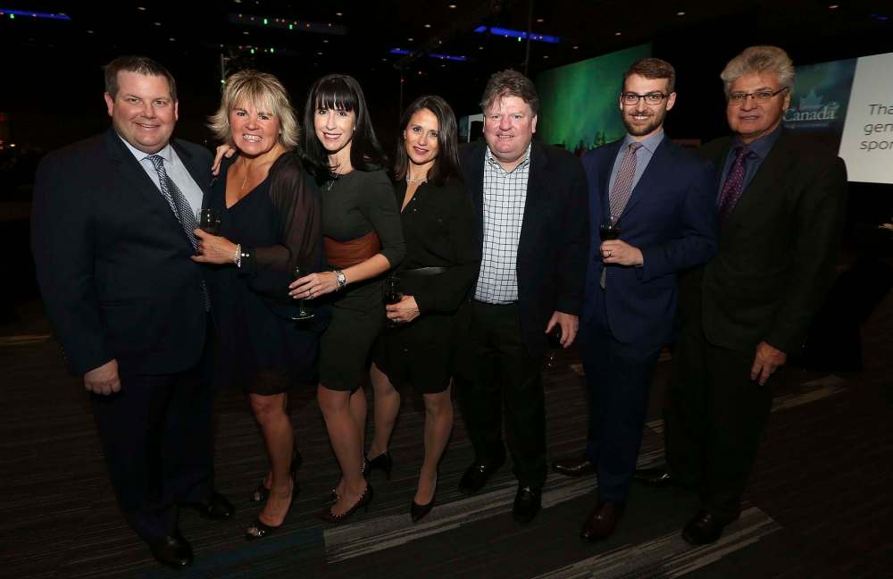 From left: Jonathon Lyon, HSC Foundation president and CEO, Tina Jones (Banville & Jones Wine Co. and HSC Foundation chair), Dayna Spiring (Economic Development Winnipeg), Catherine Filmon, Mike Jones (TransX), Marcus Pflug (Preset Piling Ltd.) and Manfred Pflug (Terracon Development Ltd.).