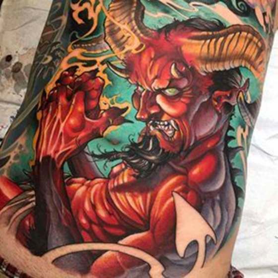 A devil tattoo by Calgary's James Tex of Deadly Tattoos.