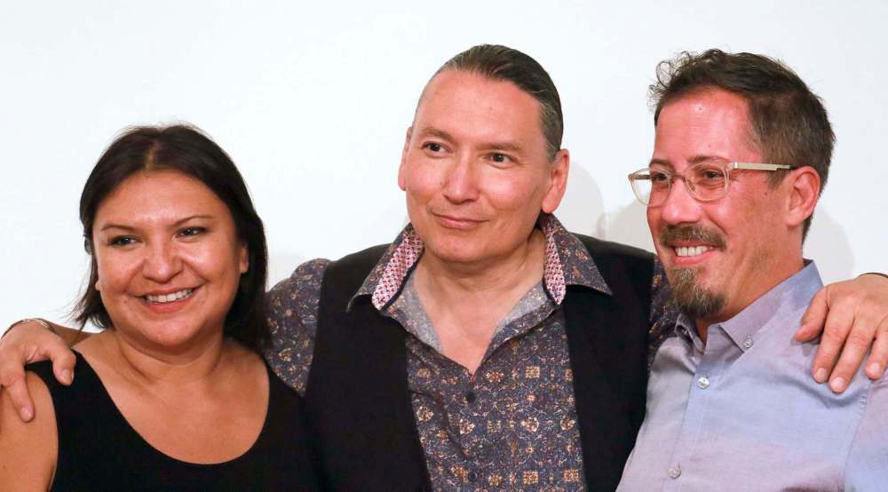From left: Urban Shaman gallery director Daina Warren, Dave McLeod, CEO of NCI-FM, and Floe Edge artistic director Stefan St-Laurent. (Photo: Urban Shaman)