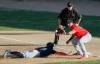 JOHN WOODS / WINNIPEG FREE PRESS
Winnipeg Goldeyes’ Eric Rivera (19) beats the throw to Fargo-Moorehead Redhawks’ Drew Ward (21) in Winnipeg Tuesday.