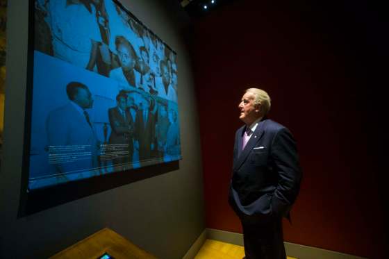 MIKAELA MACKENZIE / WINNIPEG FREE PRESSFormer Prime Minister Brian Mulroney takes a look at the Mandela exhibit (where pictures and excerpts from his own speech was used) after attending a gala celebrating the opening of the exhibition at the Canadian Museum for Human Rights in Winnipeg on Monday.