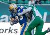 Heywood Yu / The Canadian Press
Bombers receiver Dalton Schoen runs the football against the Saskatchewan Roughriders during pre-season CFL football action Tuesday at Mosaic Stadium in Regina.