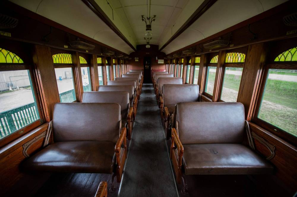 The inside of Prairie Dog Central passenger car 104. Pierre Elliot Trudeau sat in the first seat on the right when he rode the train during a visit to Winnipeg in 1970. (Daniel Crump / Winnipeg Free Press)