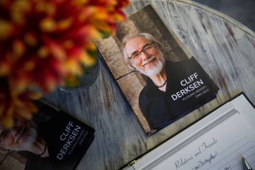 Family, friends and community members attend the funeral of Cliff Derksen’s at Soul Sanctuary Church on Saturday. (Daniel Crump / Winnipeg Free Press)