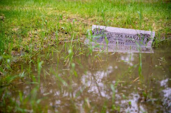 ETHAN CAIRNS / WINNIPEG FREE PRESS Some headstones practically buried by standing water at Brookside.