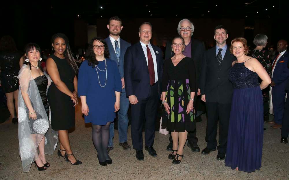From left: Leah Gazan, singer Lisa Bell, Janelle Blaikie, MP for Transcona Daniel Blaikie, Kevin Rebeck, historian Sharon Reilly, Nolan Reilly, Andrew Douglas and Anna Rothney.