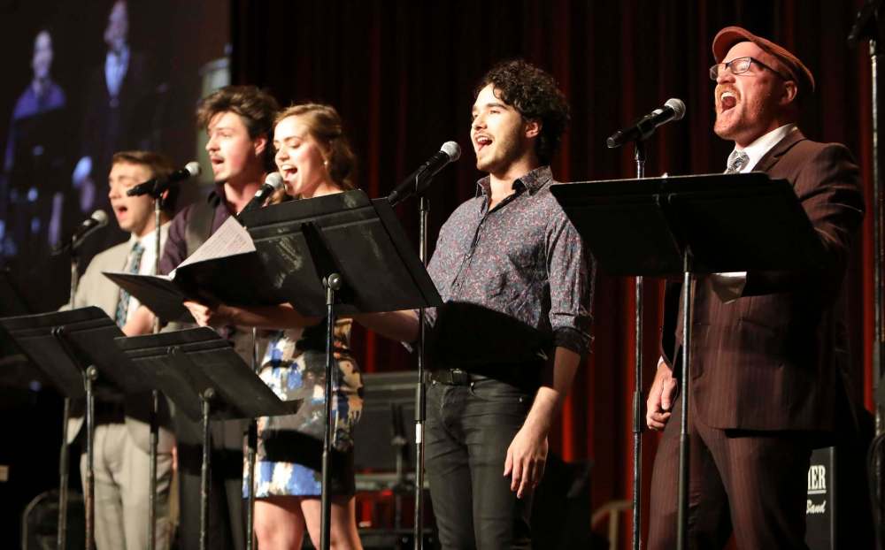 Rainbow Stage Strike! The Musical performers (from left) Dane Bjornson, Duncan Cox, Elena Howard-Scott, Josh Bellan and Carson Nattrass.