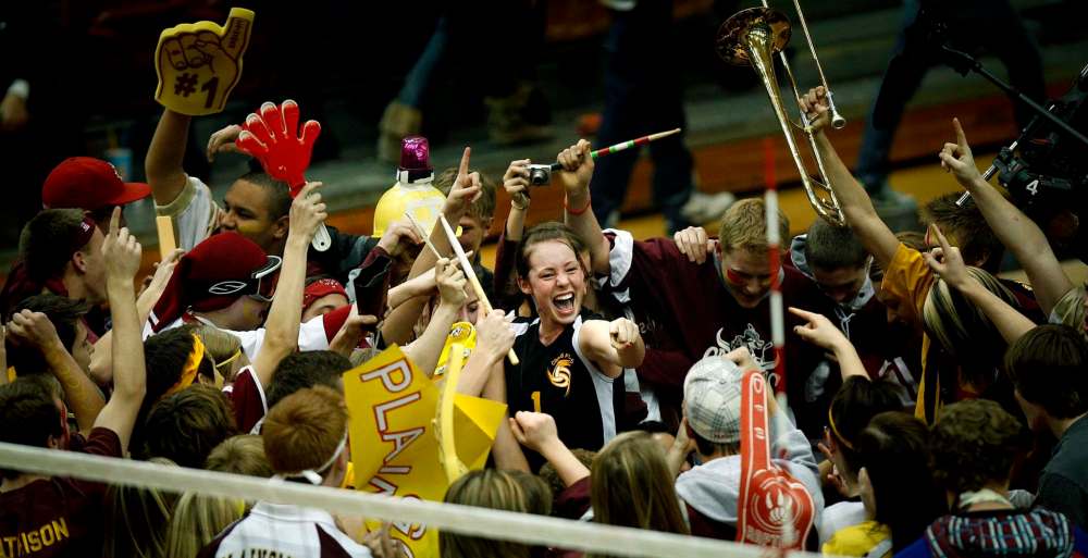 NOVEMBER 2009: Niki Friesen celebrates Crocus Plains winning the provincial high school volleyball title.