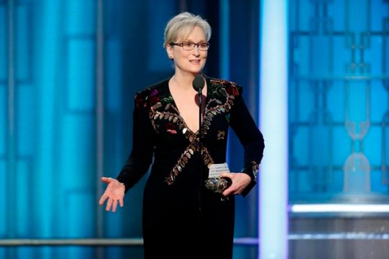 This image released by NBC shows Meryl Streep accepting the Cecil B. DeMille Award at the 74th Annual Golden Globe Awards at the Beverly Hilton Hotel in Beverly Hills, Calif., on Sunday, Jan. 8, 2017. (Paul Drinkwater/NBC via AP)